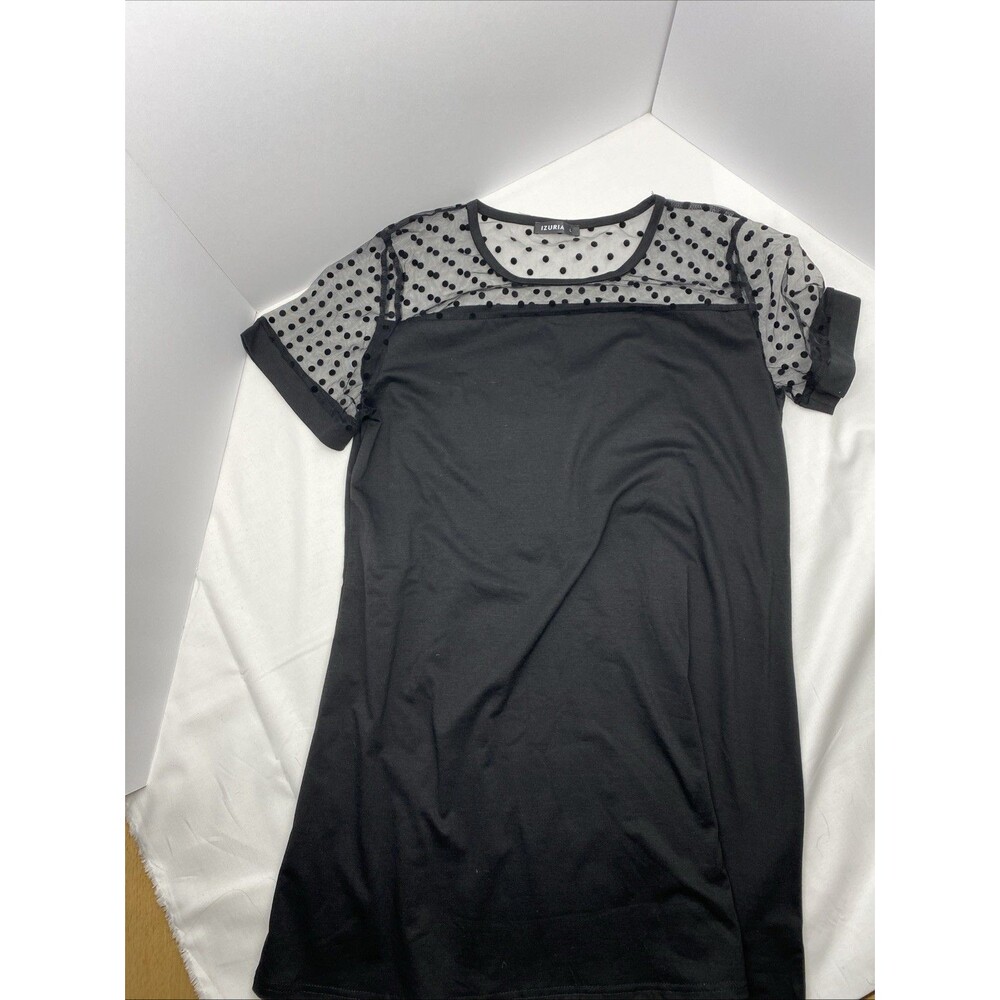 Izuria Women’s Large Black Polka Dot Mesh Yoke Short Sleeve mini dress